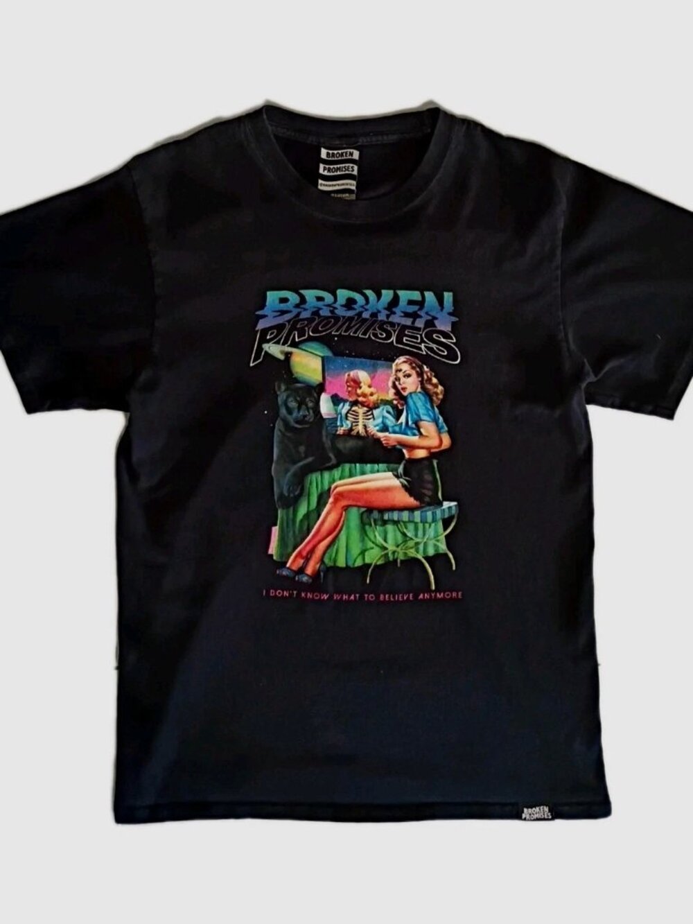 Broken Promises Mens Black Medium Graphic T Shirt I Dont Know What To Believe